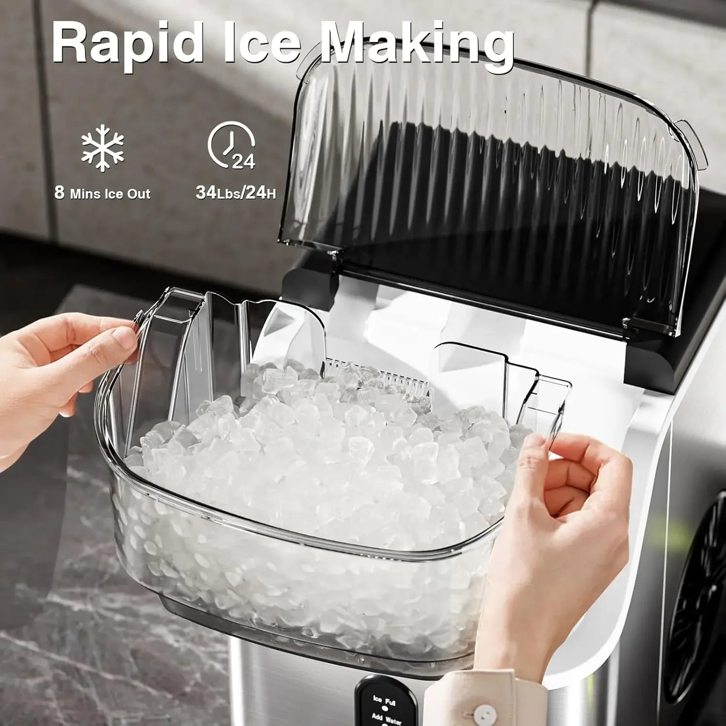 Pebble Ice Machine: Chewable Sonic Ice, 34Lbs/Day, Easy Clean